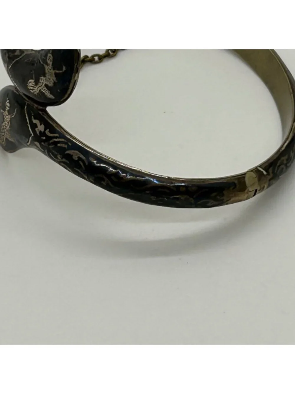 Vintage Siam Niello Bangle Bracelet Thai Black Enamel Hinged Chain Closure